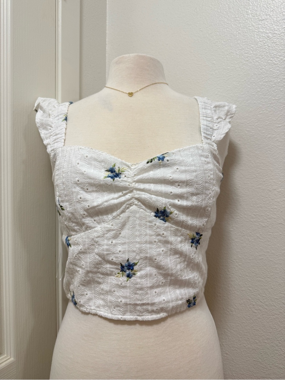 White Eyelet Cropped Tank with Blue Floral Embroidery